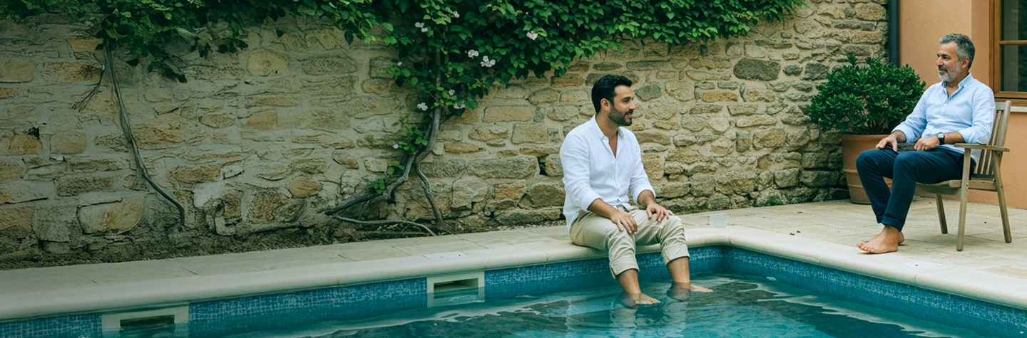 two men by a swimming pool