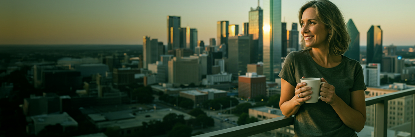 lady carrying coffee mug enjoying city view