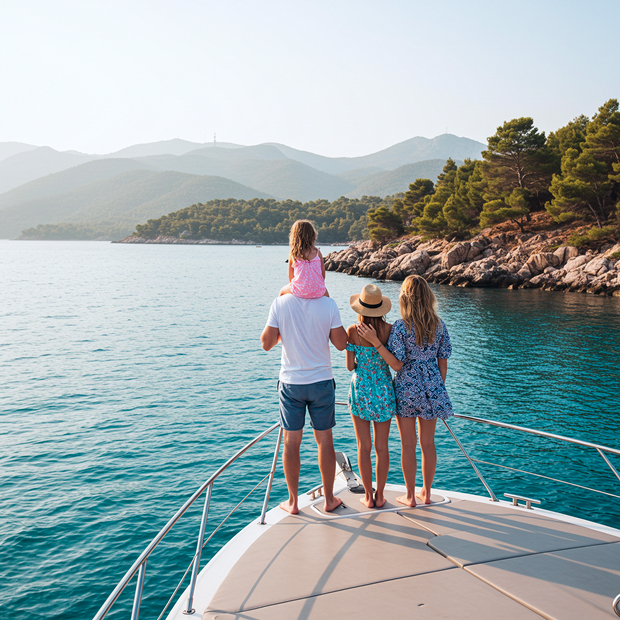 a family on boat in a scenic coastal or lake environment